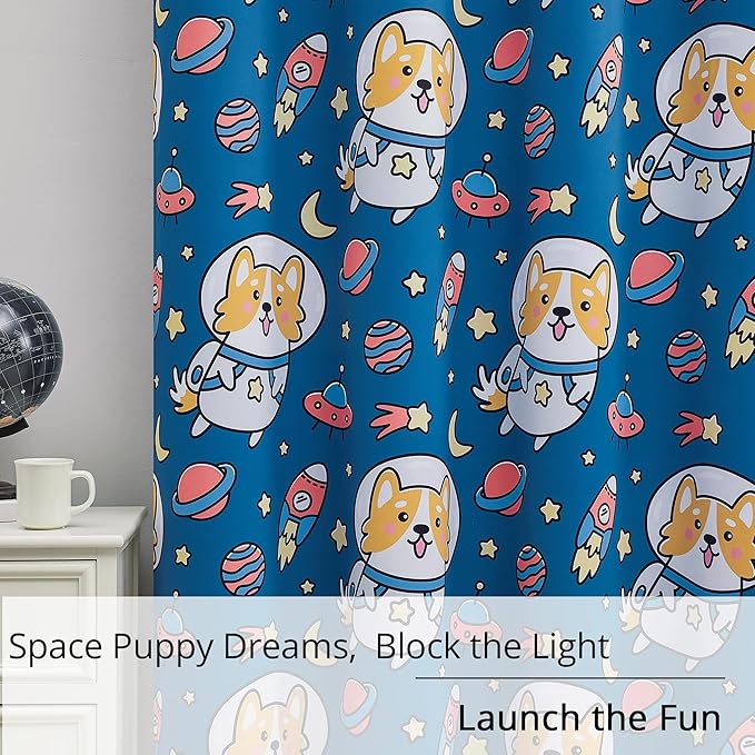Kids Blackout Curtains - Space Dog Design, 100% Blackout, 2 Panels, Each W52×L84, Thermal Insulated, Noise Reducing & Energy Efficient for Kids Bedroom, Turn your child’s room into a fun adventure