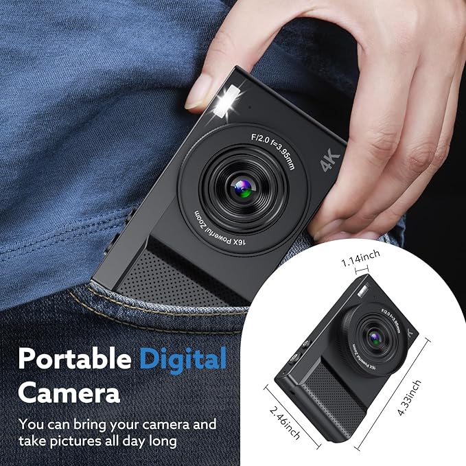 4K Digital Camera,64MP Camera for Photography with 3" 180° Flip Screen,16X Vlogging Camera for YouTube with 64GB Micro SD Card for Beginner, Teens