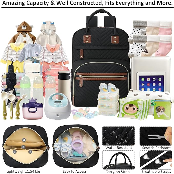 Diaper Bag Backpack for Women Large Capacity with Insulated Pockets Multifunctional Diaper Bags For Baby Girl Boy Waterproof Baby Bags For Mama Maternity Travel Bag Black