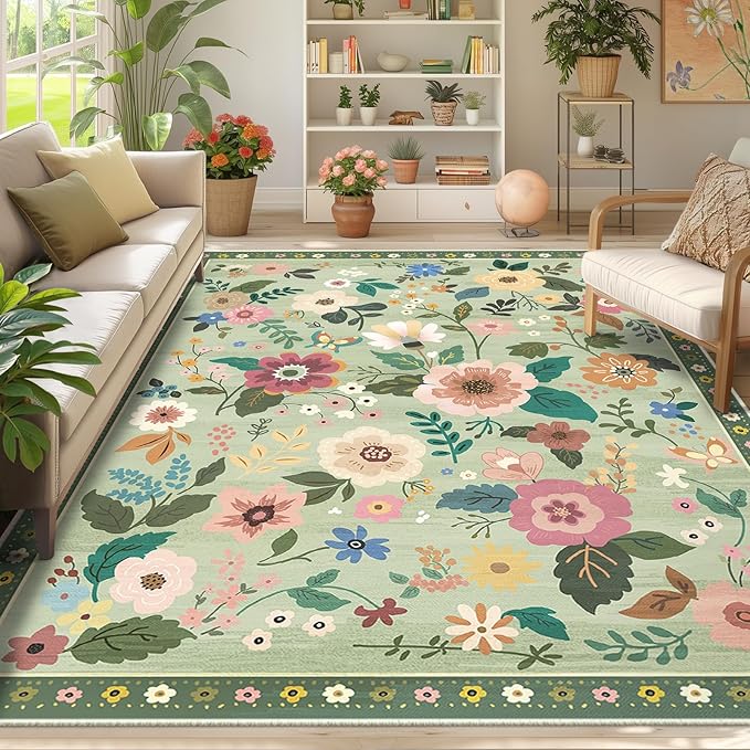 Floral 9x12 Area Rug Machine Washable Soft Print Boho Carpet Non Slip Doormat Low Pile Flower Area Rugs for Living Room Bedroom Nursery Kitchen Dining Room Indoor-Light Green