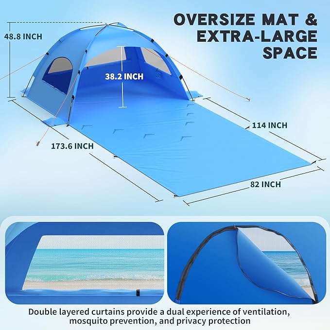 Beach Tent Sun Shelter with Extended Sand Mat 114×82inch，UPF 50+ Protection, 3 Double-Layer Windows for Enhanced Privacy; Portable Beach Shade, 3-4 People. Windproof and Waterproof