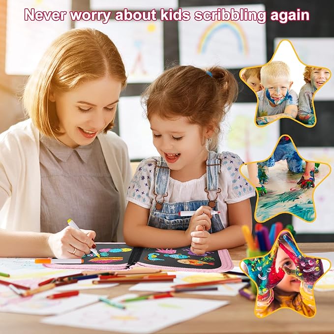 Erasable Doodle Set for Kids - Magic Drawing Book With 12 Watercolor Pens, 14 Page Reusable Book, Road Trip Car Game Writing Painting Set for Boys and Girls (Cat Pink)