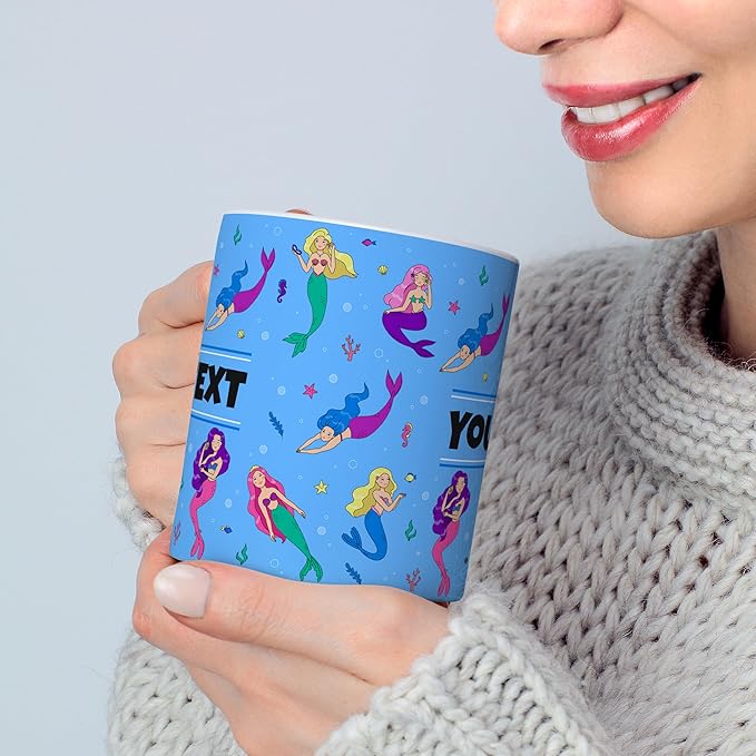 Personalized Mug for Kids - Mermaids - Custom Name/Text, Ceramic Hot Chocolate/Cocoa/Coffee Cup for Girls, Birthday/Christmas/Holiday Gift - 15 oz, Light Blue Handle