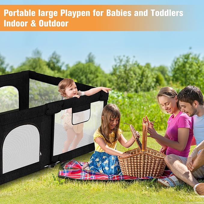 Foldable Baby Playpen with Gate, Extra Large Collapsible Play Yard for Babies & Toddlers, Portable Travel Play Pen with Fence, Safe Activity Center for Indoor & Outdoor Use (59"×71" Black)