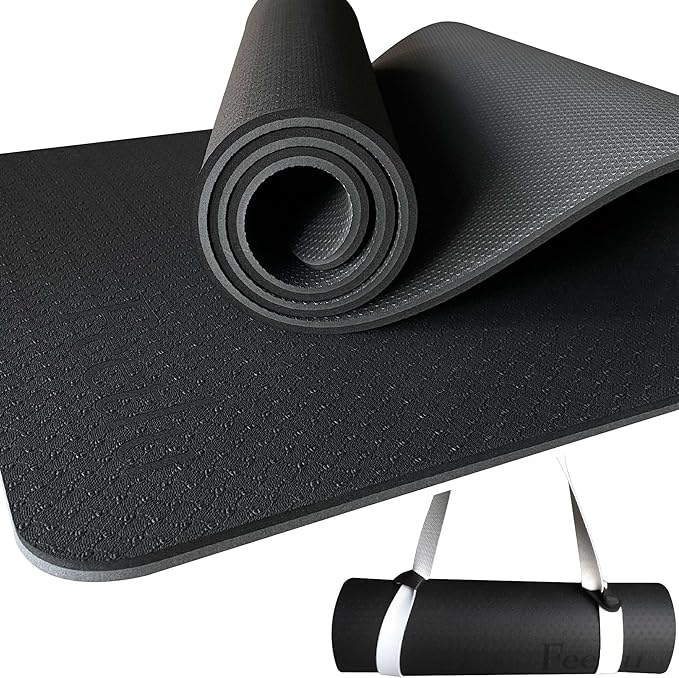 Extra Thick Exercise Yoga Mat with Strap - 2/5 Inch (10MM), Non-Slip Workout Mat for Yoga, Pilates, and Floor Exercises