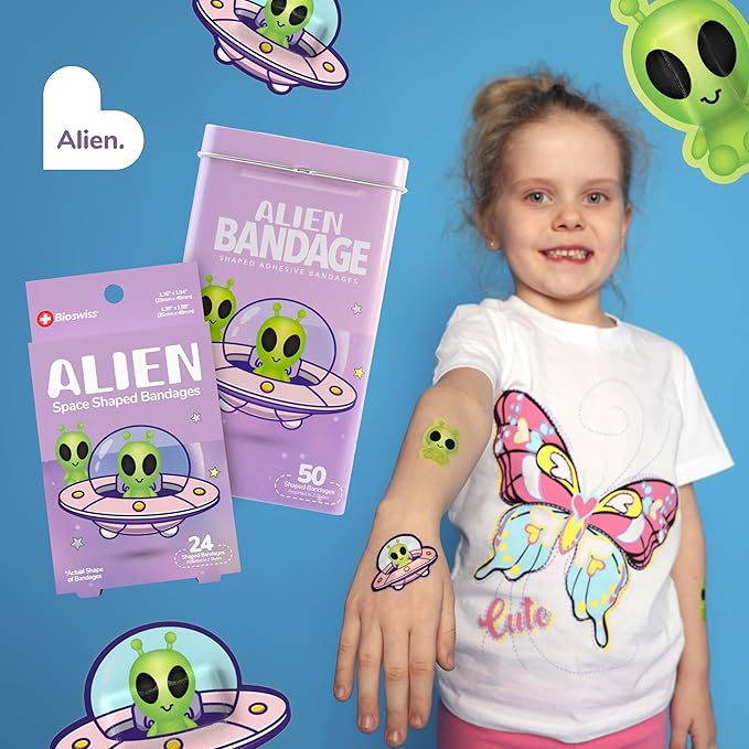 BioSwiss Bandages, Halloween Alien Shaped Self Adhesive Bandage, Latex Free Sterile Wound Care, Fun First Aid Kit Supplies for Kids, 24 Count