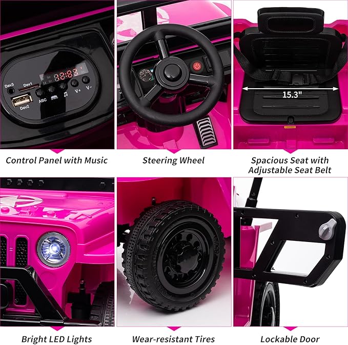 Ride on Truck Car, 12V Electric Ride on Car with Remote Control, MP3, LED Lights, Suspension System, Double Doors, Safety Belt, Ride-on Toy for Kids Aged 3-8 Years
