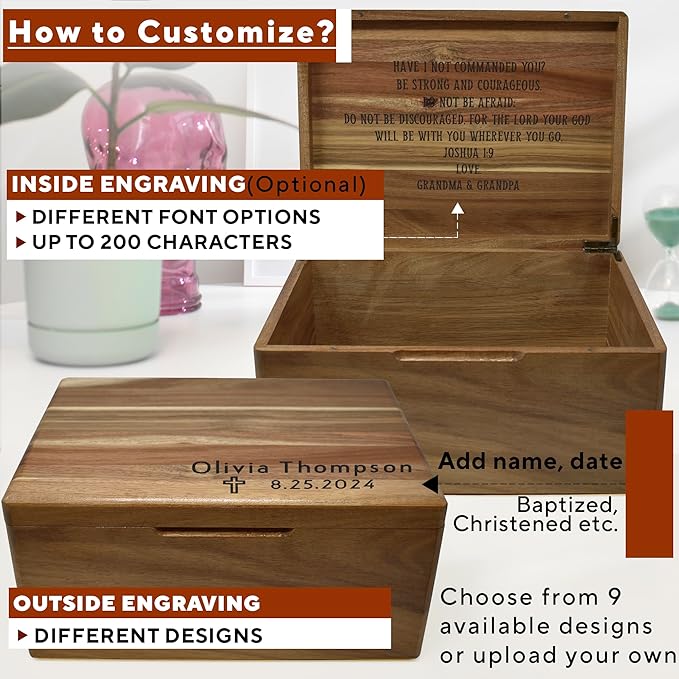 First Communion Box Acacia Wood - Personalized Baptism Gift for Boys, Christening Storage for Baby, Personalized Baptism Gifts for Girls, Engraved Confirmation Keepsake Box w/ Name 11.5 x 8.5 x 5.5 in