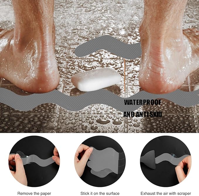 USA Patented Anti Slip Shower Stickers 24 PCS Safety Bathtub Strips Adhesive Decals with Premium Scraper for Bath Tub Shower Stairs Ladders Boats (Gray)