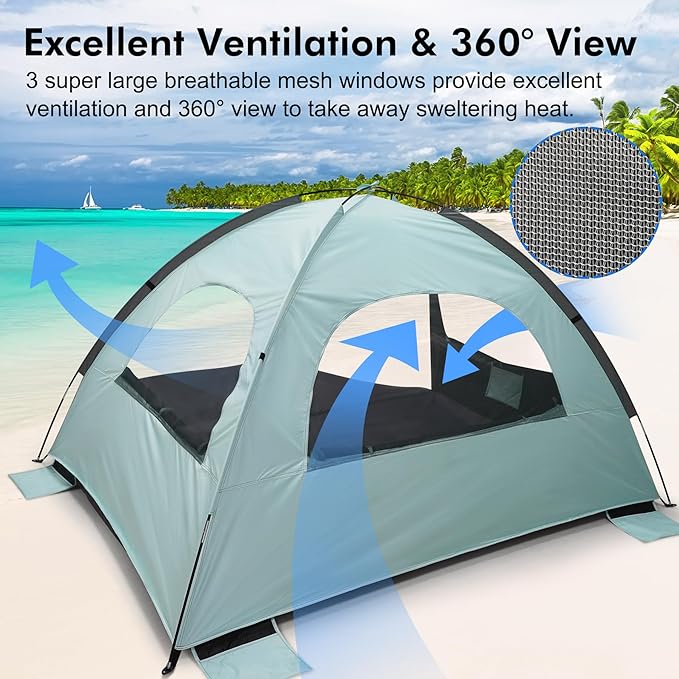 WhiteFang Beach Tent Anti-UV Portable Sun Shade Shelter for 3/4/6/8 Person, Extendable Floor with 3 Ventilating Mesh Windows Plus Carrying Bag, Stakes and Guy Lines