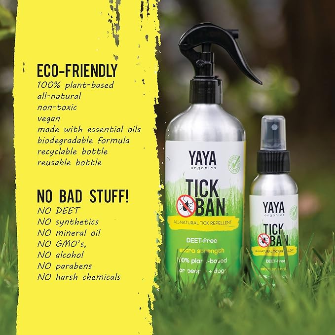 YAYA ORGANICS Tick Ban | Extra Strength Tick Repellent Made with Essential Oils and All Natural, DEET Free Ingredients | Proven Effective, Safe for Adults, Kids and Dogs | Mixed Pack (4oz/16oz)