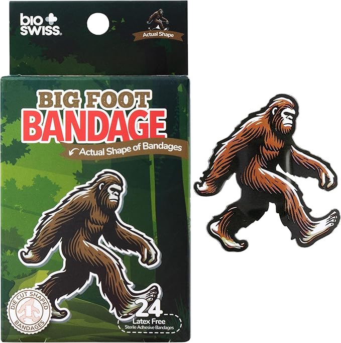BioSwiss Bandages, Bigfoot Shaped Self Adhesive Bandage, Latex Free Wound Care, Fun First Aid Kit Supplies for Kids and Adults, 24 Count
