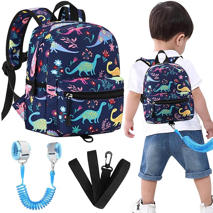 Accmor Toddler Backpack Leash with Anti Lost Wrist Link, Cute Mini Child Walking Harnesses Keep Kids Close Back Pack Rope Tether Rein for Baby Boys (Navy Blue/Dinosaur)