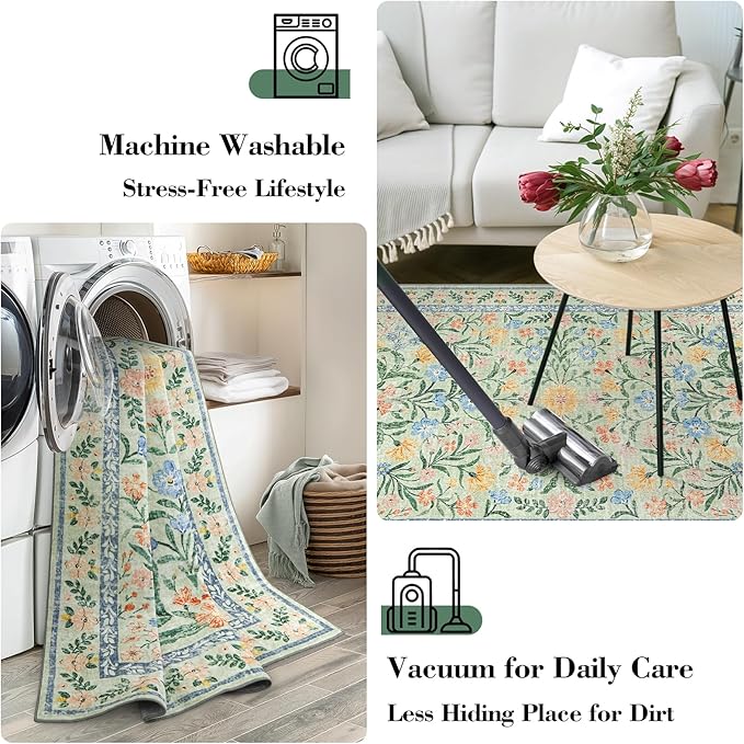 Wonnitar Machine Washable Area Rugs 9x12, Soft Sage Green Floral Rug for Living Room Bedroom, Ultra-Thin Large Foldable Boho Carpets for Playroom Classroom Dining Room