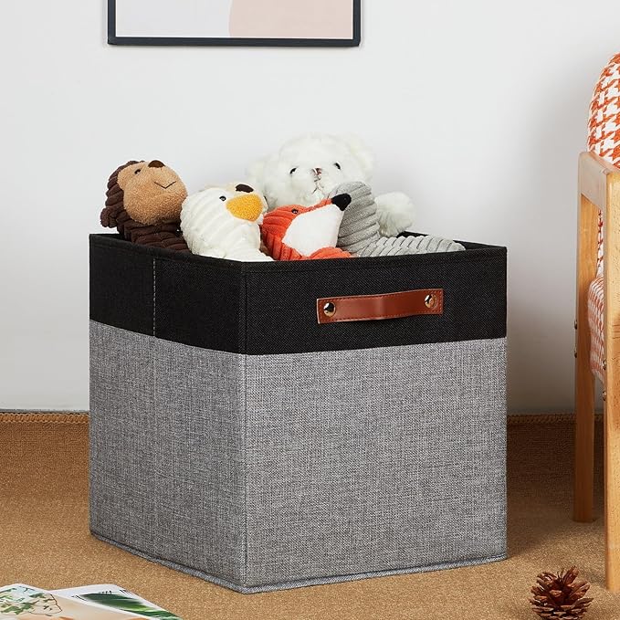 HNZIGE Storage Baskets for Organizing, Set of 4, Square Fabric Storage Cubes Bins 13 x 13, Collapsible Black Storage Bins for Shelves, Closets, Nursery, Home, Office (Black&Grey)