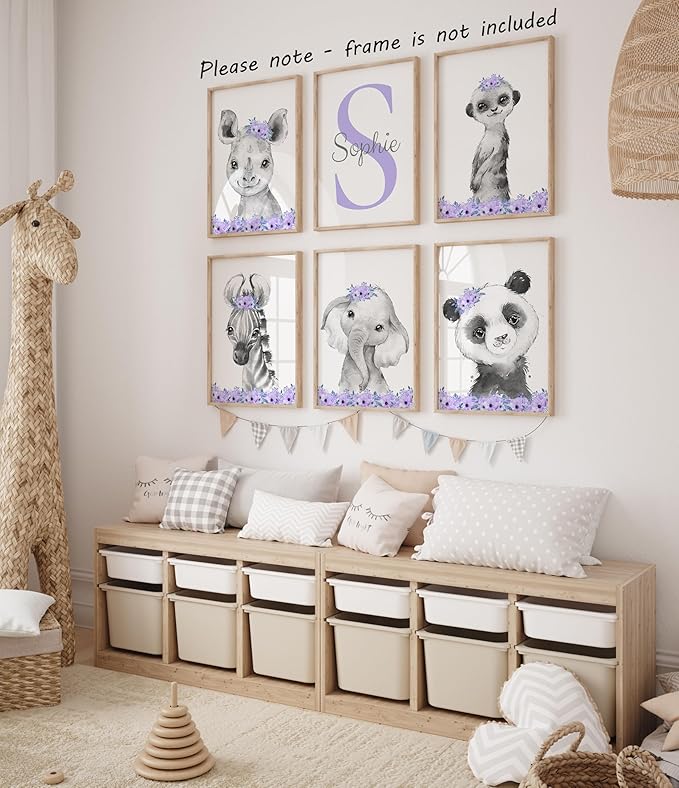 Personalized Safari Animals for Baby Girls Nursery Bedroom Unframed Set of 6 Poster Prints, Personalized Name Pink Purple Flowers Wall Art Decor New Baby Gift Present, Elephant Giraffe Panda Zebra Lion (9x12)