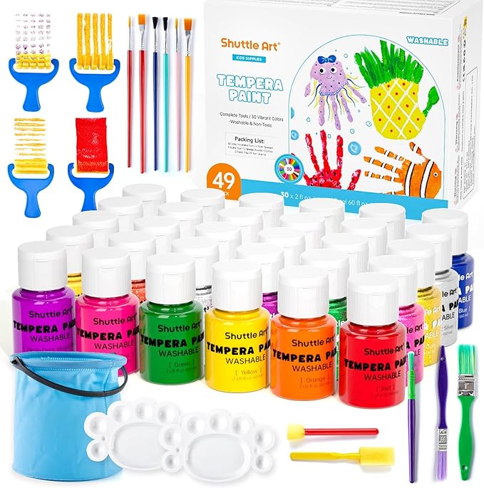 Shuttle Art Tempera Paint, 30 Colors Washable Paint for Kids, 2oz/60ml Bottle, Non-toxic for Toddlers with Glitter Metallic Neon Colors, For Art, Crafts and School Projects