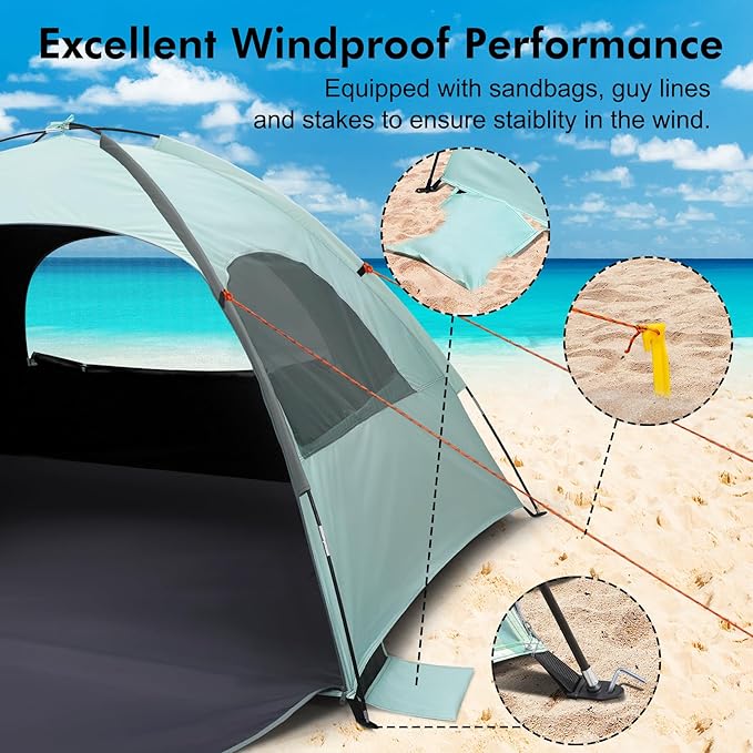 WhiteFang Beach Tent Anti-UV Portable Sun Shade Shelter for 3/4/6/8 Person, Extendable Floor with 3 Ventilating Mesh Windows Plus Carrying Bag, Stakes and Guy Lines