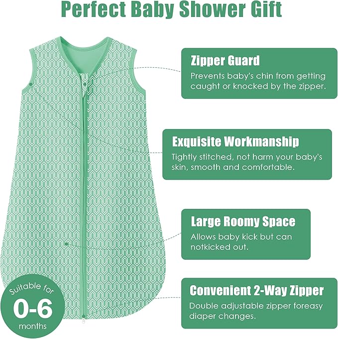 SWEET DOLPHIN Baby Sleep Sack 0-6 Months - 100% Cotton 2-Way Zipper TOG 0.5 Infant Wearable Blanket, Newborn Essentials Toddler 3 Pack Sleeping Sacks - Green