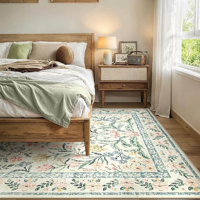 Wonnitar Large Living Room Rug, Floral 10 x 14 Machine Washable Area Rugs, Soft Boho Ultra-Thin Non-Shedding Indoor Aesthetic Carpet for Bedroom Dining Room Office