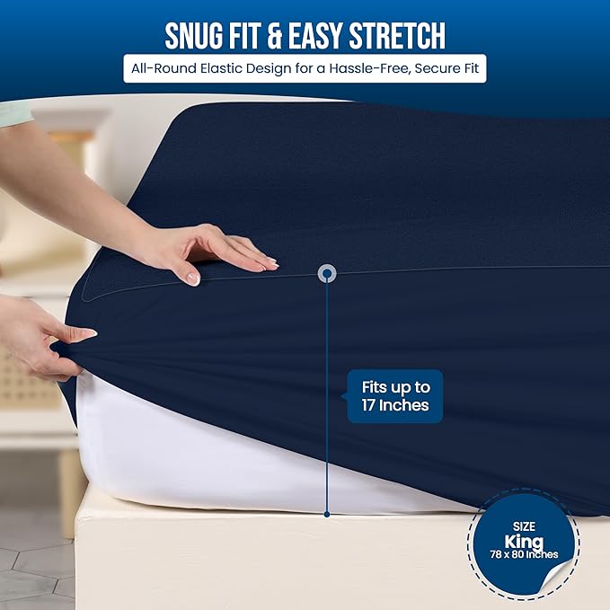 Utopia Bedding Waterproof Mattress Protector King Size, Premium Terry Mattress Cover 200 GSM, Breathable, Fitted Style with Stretchable Pockets (Navy Blue)