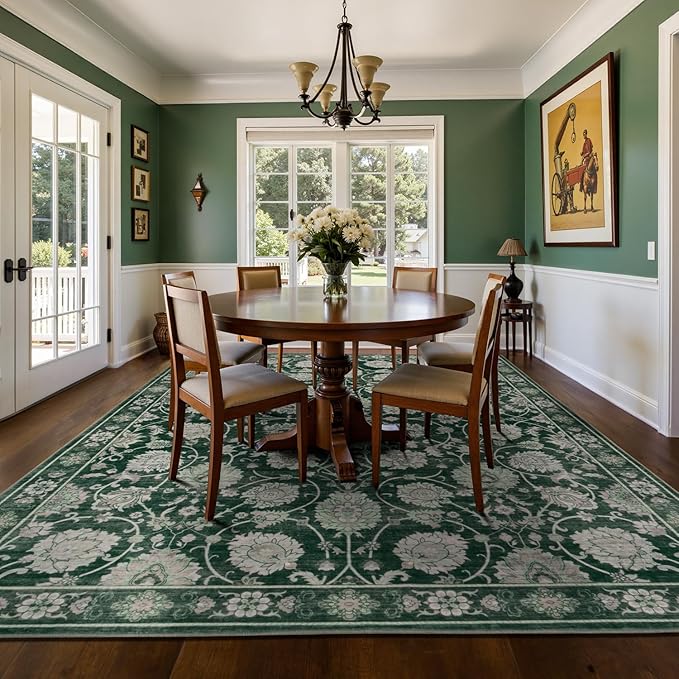 Floral 8x10 Area Rugs for Living Room, Washable Large Bedroom Rug, Soft Non Slip Carpet, Stain Resistant Low Pile Carpets for Indoor Under Table Dining Home Office Nursery, Dark Green