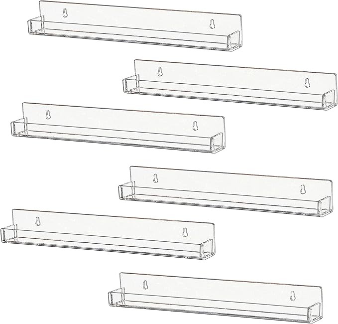 IEEK 6 PCS Acrylic Invisible Floating Bookshelf for Kids Room,15 inch Modern Picture Ledge Display Toy Storage Wall Shelf Vinyl Record Shelf U Shelves Storage Rack