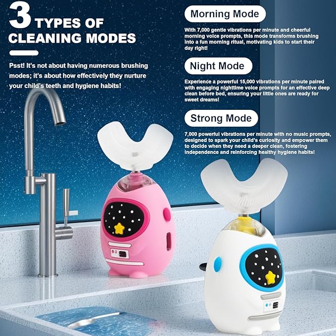 Kids U Shaped Electric Toothbrush with Music, 3 Modes, Voice Teaching, Mouthpiece Cleaning, Soft Bristle, Type-C Charging, Ages 3-12 Boys & Girls (Heroic White)