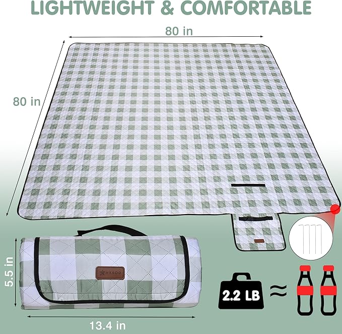 HX&OD Outdoor Picnic Blanket, Extra Large, 80''x80'' Waterproof Foldable Blankets Gingham Picnic Mat for Beach, Camping Grass Lawn Park Accessories Cute Couple Ideas Wedding (Green, 80”x80”)