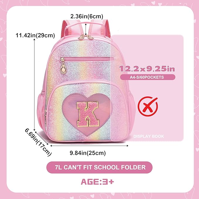 I IHAYNER Kids Glitter Lightweight Backpack for School Travel & Daycare, Toddler Backpack for Girls 3+ Preschool Kindergarten Elementary Kids Backpack-Rainbow Pink K