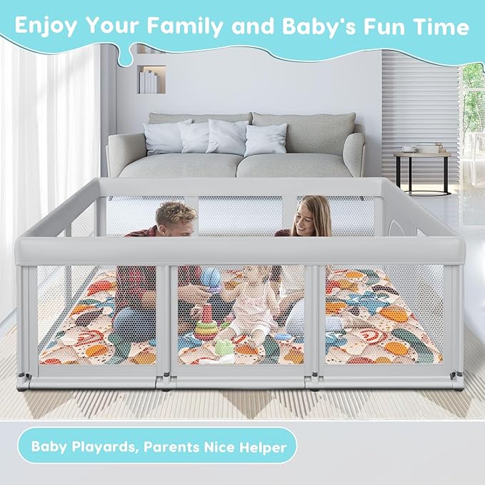 74" ×50" Large Baby Playpen, Baby Playard for Babies and Toddlers, Play Pens for Indoor & Outdoor, Sturdy Safety Play Yard with Soft Breathable Mesh, Anti-Fall, Grey (with MAT)