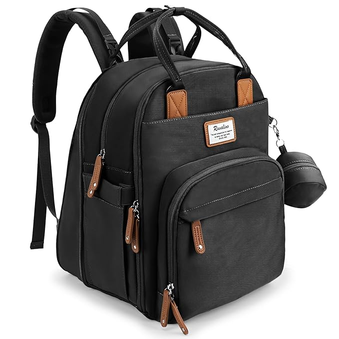 RUVALINO Diaper Bag Backpack-Expandable Baby Bag with up to 50% Capacity -Baby Essentials Bag with Changing Pad Insulated Bottle Holders & Pacifier Case, Waterproof, Black XL