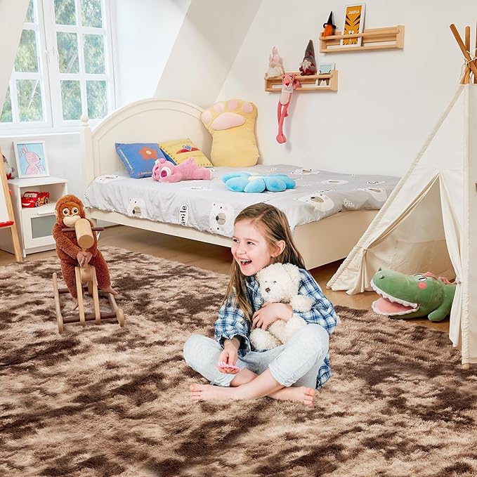Ultra Soft Rug for Living Room, 8X10 Tie-Dyed Coffee Fluffy Shag Area Rug for Bedroom, Modern Shaggy Carpets Fuzzy Rug for Teens Dorm Nursery Home Decor Aesthetic, Upgrade Anti-Skid Durable