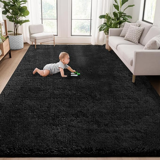 5x7 Area Rug for Living Room: Fluffy Shag Soft Washable Rugs Fuzzy Plush Indoor Carpet for Bedroom Nursery Playroom Dorm Kids Girls Boys Room (Black, 5'x7')