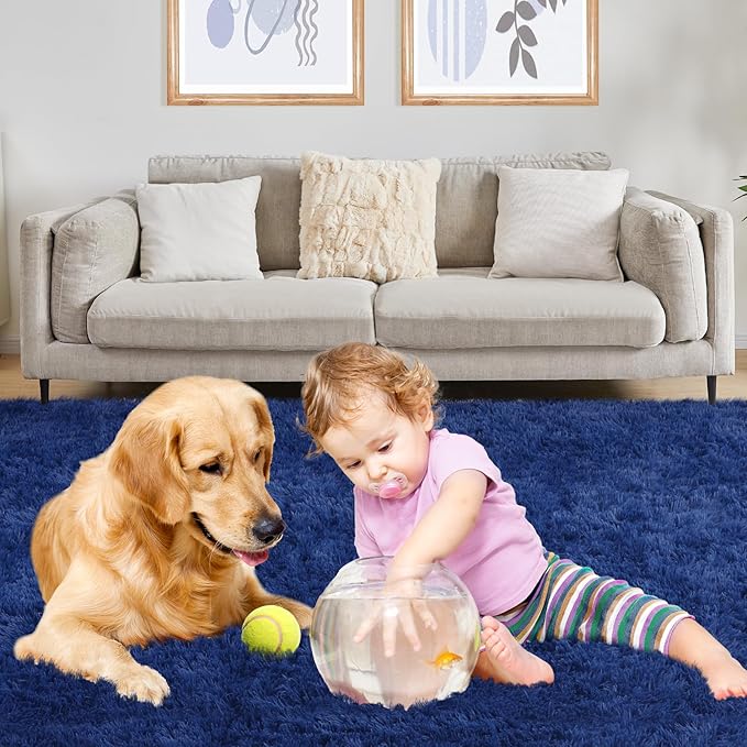 Soft 9x12 Blue Rug, Fluffy Area Rugs for Living Room, Plush Navy Area Rugs for Bedroom, Non-Slip Indoor Carpet for Nursery, Study Room, Kids Room, Room Decor