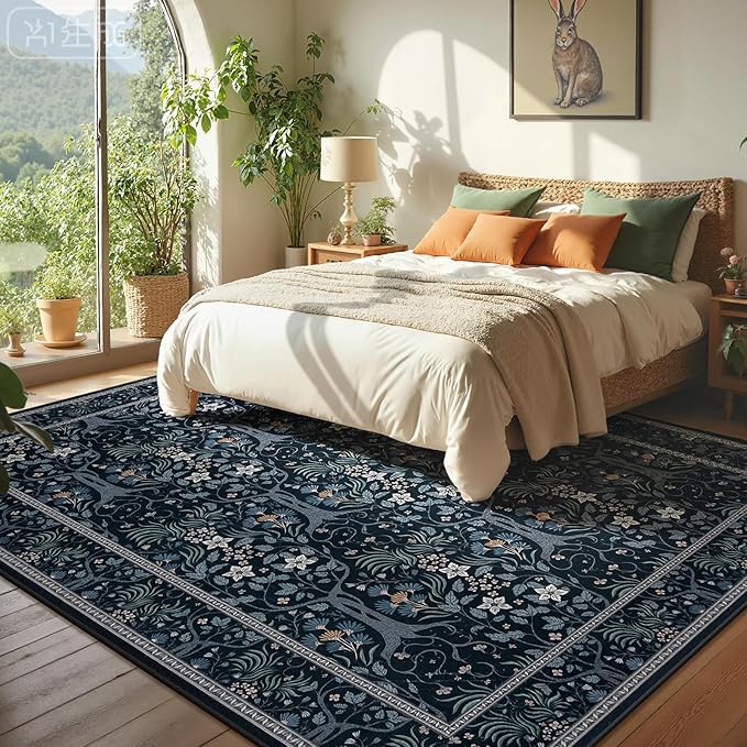 Joydeco Floral Living Room Rugs, Washable Large Bedroom Rug 8x10 Under Bed Non Slip, Soft Forest Botanical Low-Pile Floor Indoor Throw Carpet for Dining Table Home Office, Blue-Black