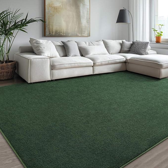 Kimicole 6x9 Washable Area Rugs for Living Room Bedroom, Large Low Pile Ulta-Thin Solid Color Rug, Non-Slip Soft Fluffy Carpet for Nursery Kids Room Dorm Room Home Decor (Dark Green)