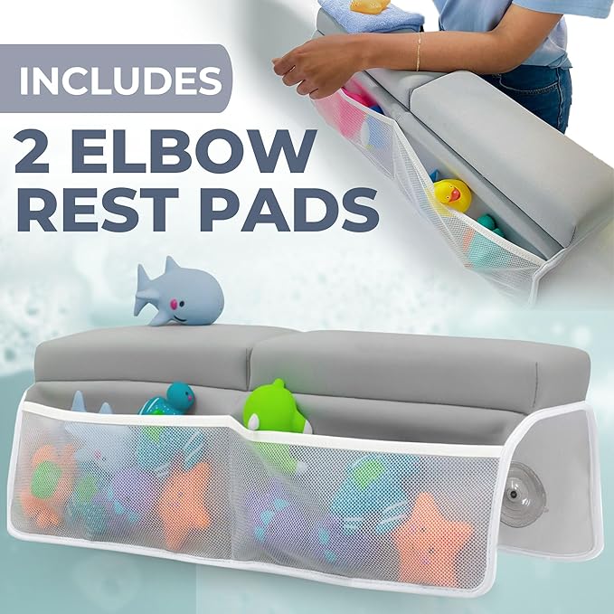 Comfortable Baby Bath Kneeler and Elbow Rest Pad Set – Thick Memory Foam Bath Kneeling Pad with Elbow Support – Baby Bathtub Cushion with Toy Organizer for Bathing Infant or Toddler - Grey