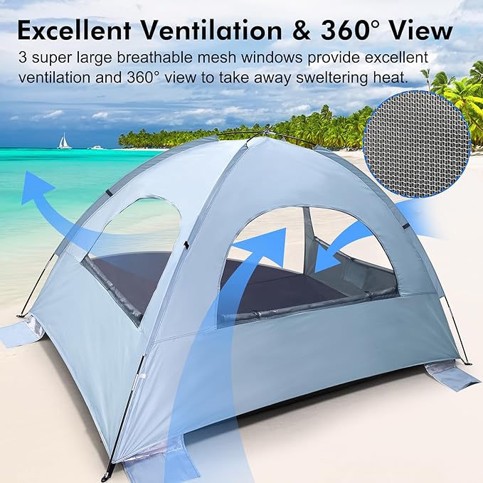 WhiteFang Beach Tent Anti-UV Portable Sun Shade Shelter for 3/4/6/8 Person, Extendable Floor with 3 Ventilating Mesh Windows Plus Carrying Bag, Stakes and Guy Lines