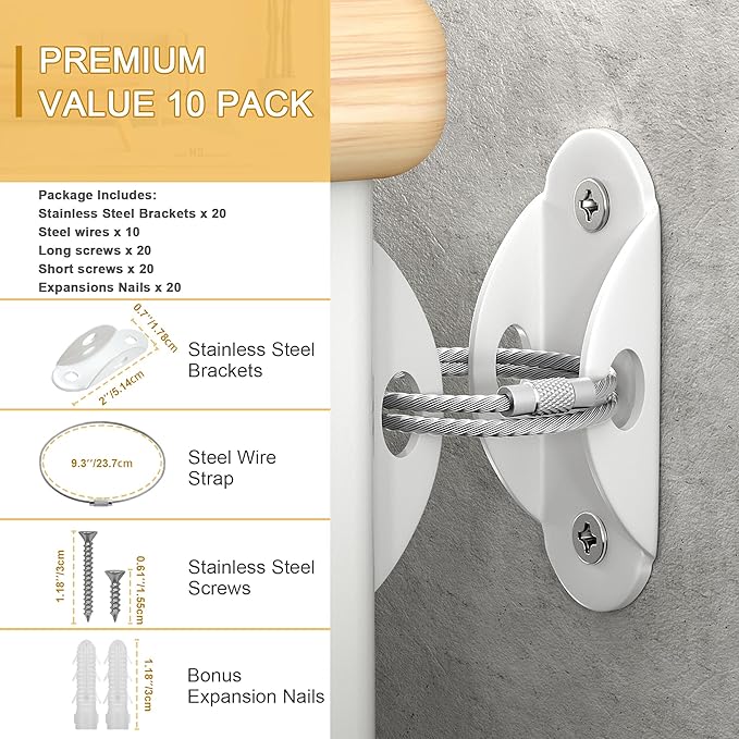 Furniture Anchors (10 Pack) for Baby Proofing, Furniture Straps Anti Tip Furniture Anchor Securing 400 lbs/Keep Baby Pet Safety from Falling Furniture, Metal White Earthquake Straps