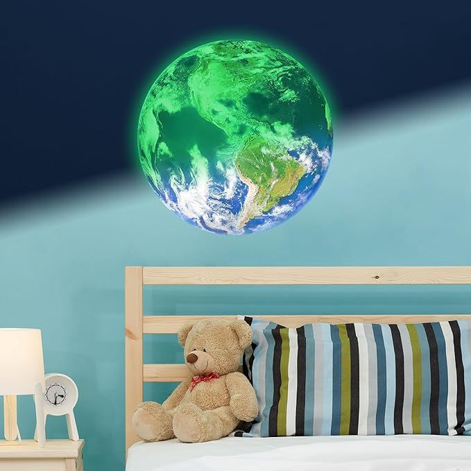 Glow in The Dark Earth for Ceiling, Luminous Planet Wall Sticker, Kids Bedroom Wall Decal, Sticky Fluorescence Earth, Gift for Boys and Girls (Green)
