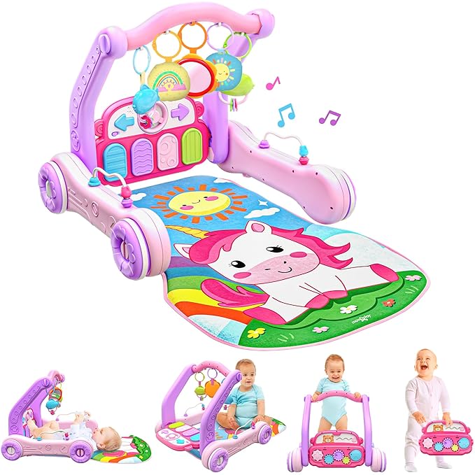 Move2Play, 4-in-1 Baby Play Mat & Activity Center Gym | Walker | Infant Toy for Tummy Time | Birthday Gift for 3, 4, 5, 6, 7, 8, 9, 10, 12 + Month Old Boys & Girls (Pink)