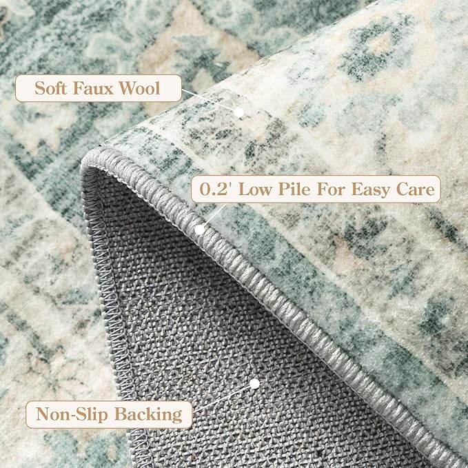 LIVEBOX Washable Rug 2x4 Kitchen Mats for Floor Entryway, Non Slip Front Door Mat for Bathroom Hallway, Boho Low-Pile Small Carpet Farmhouse Indoor Runner Rugs for Bath, Sage Green