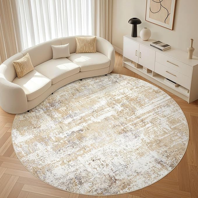 Round Rug Living Room Rugs: 10x10 Washable Circle Large Abstract Modern Soft Stain Resistant Non-Slip Indoor Floor Carpet for Bedroom Nursery Office Dining Room Playroom Home House Decor - Gray Gold