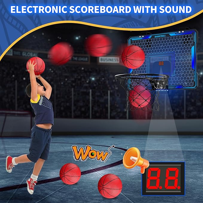 Basketball Hoop Indoor, Mini Basket Ball Hoop with 7 LED Lighting, Scoreboard, Over Door Basketball Hoop with 3 Modes, Volume Adjustable, Foldable, Basketball Toys Gifts for Kids Adults (Blue)