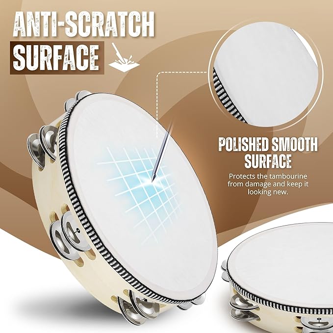 Flexzion Wooden Round Tambourine for Kids and Adults 8" Inch Single Row 8 Pair Jingles, Wood Handheld Percussion Instrument for Beginner and Professional Tambourine Player