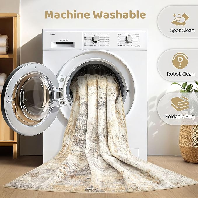 Runner Rug Kitchen Washable Rugs: 2x6 Non-Slip Abstract Soft Modern Stain Resistant Indoor Floor Neutral Accent Throw Carpet for Hallway Bathroom Laundry Room Entryway Bedroom- Gray Gold