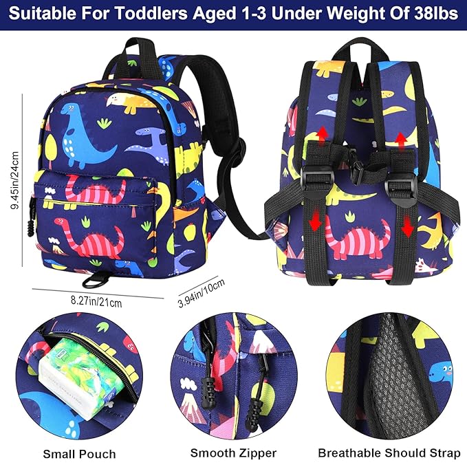 Accmor Toddler Backpack Leash with Anti Lost Wrist Link, Cute Mini Child Walking Harnesses Keep Kids Close Back Pack Rope Tether Rein for Baby Boys (Navy Blue/Dino)