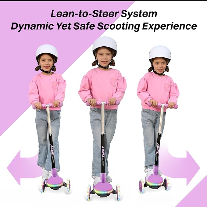 ZIFFY 3-Wheel Light-Up Kids Scooter, Kids Balance Scooter for Boys Girls with 20 Dynamic LED Lights, 4 Adjustable Height, Lean-to-Steer Design with Anti-Slip Wide Surface for Stability - Up to 110LBS