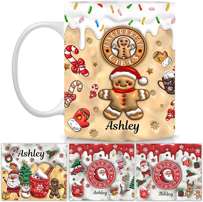 Personalized 3D Effect Christmas Mugs with Names, Gingerbread Man Coffee Mug, Custom Hot Cocoa Accent Mug Funny Christmas Gifts For Sister Friends Mom Dad Women Men 11 or 15 Oz